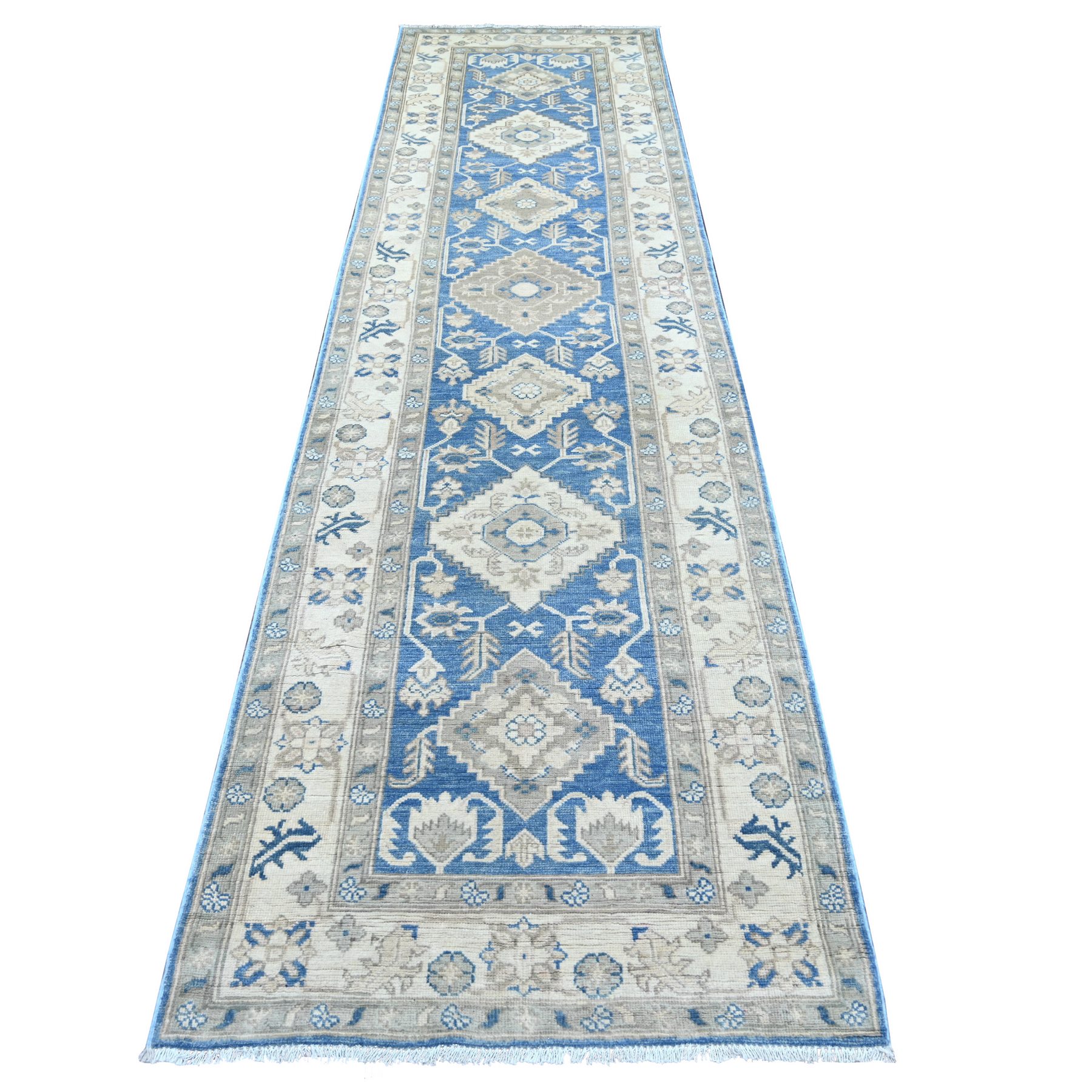 3'x11'6" Carolina Blue, Vintage Look Kazak with Geometric Medallions, Hand Knotted, 100% Wool, Natural Dyes, Runner, Oriental Rug 
